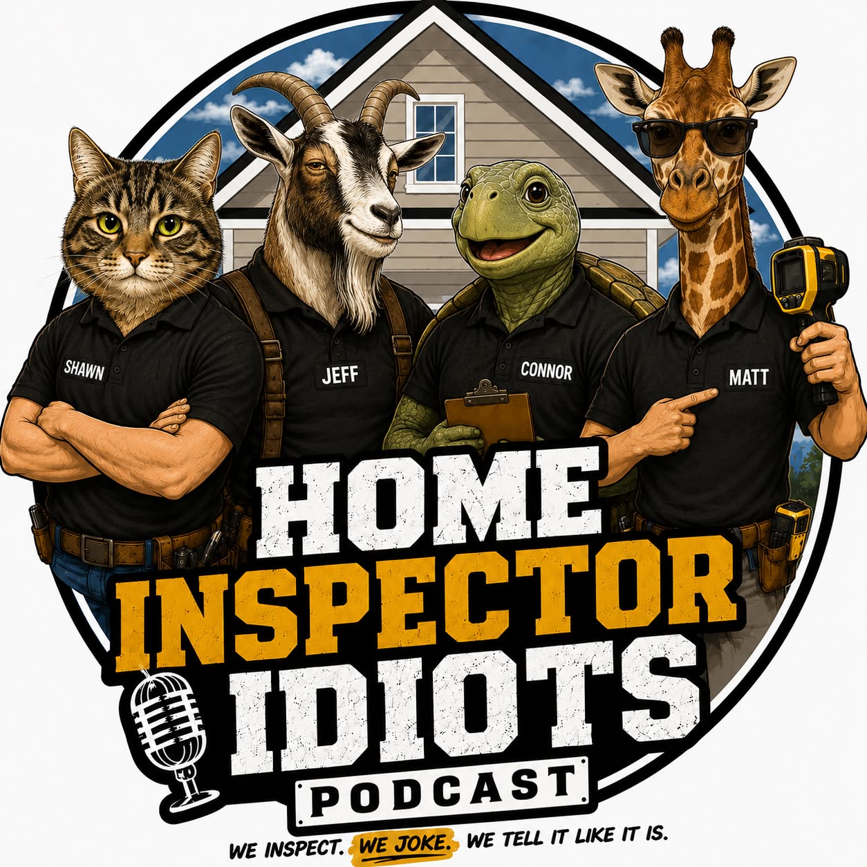 Alternate Home Inspector Idiots logo with the hosts drawn as a cat, goat, turtle and giraffe